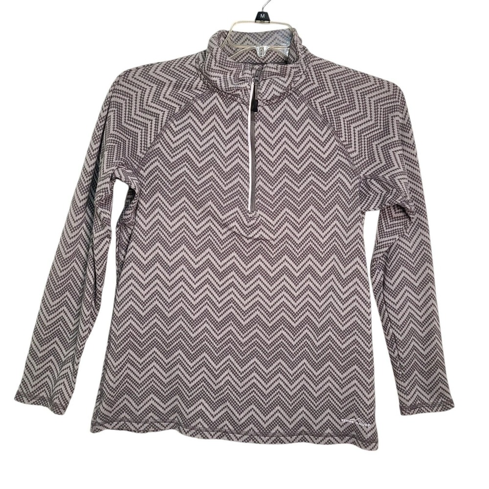 Eddie Bauer Womens Sz L Gray Chevron Striped Pullover Athletic Sweater Pockets